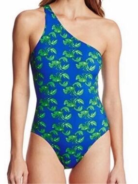 KamaliKulture One-Shoulder Blue & Green Lobster Print Swimsuit. Sz XL